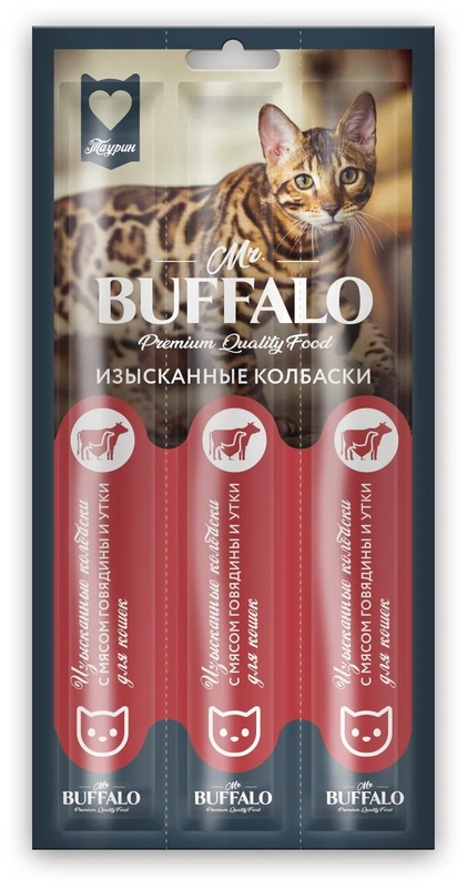 Лакомство Mr. Buffalo колбаски для кошек с говядиной и уткой, Буффало