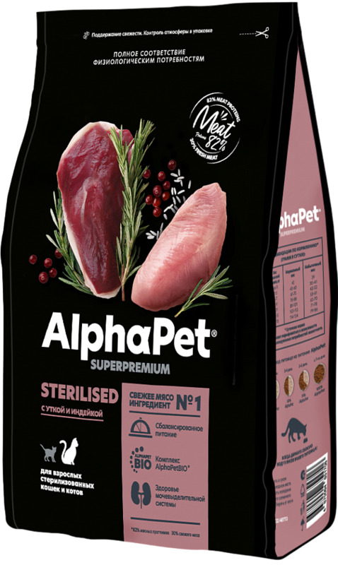 AlphaPet Superpremium с Уткой и индейкой для стерилизованных кошек, АльфаПет