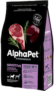 AlphaPet Superpremium с Бараном и потрошками для собак средних пород с чувствительным пищеварением, АльфаПет