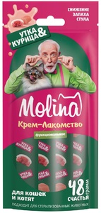 Функциональное крем-лакомство Molina с уткой и курицей для взрослых кошек Снижение запаха фекалий, Молина 48 г