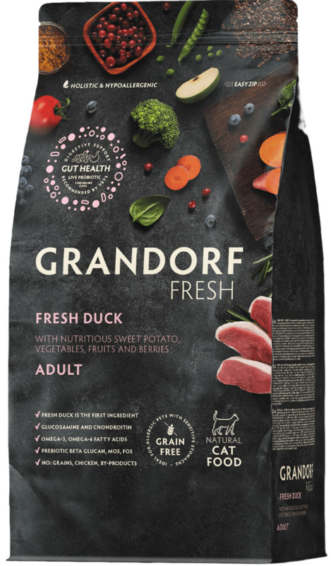 Grandorf Fresh Утка с бататом для кошек, Грандорф Беззерновой корм с живыми пробиотиками